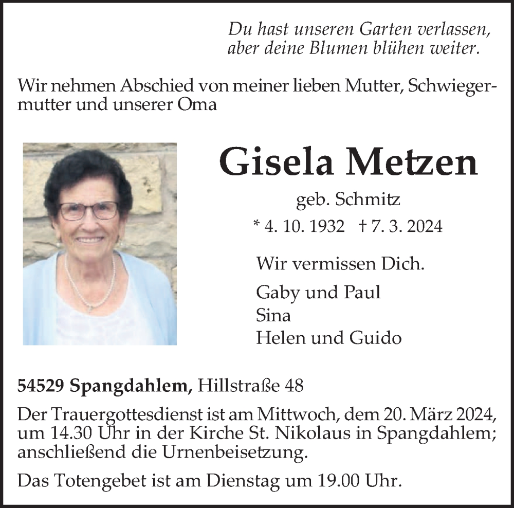  Traueranzeige für Gisela Metzen vom 16.03.2024 aus trierischer_volksfreund