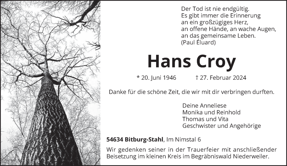  Traueranzeige für Hans Croy vom 02.03.2024 aus trierischer_volksfreund