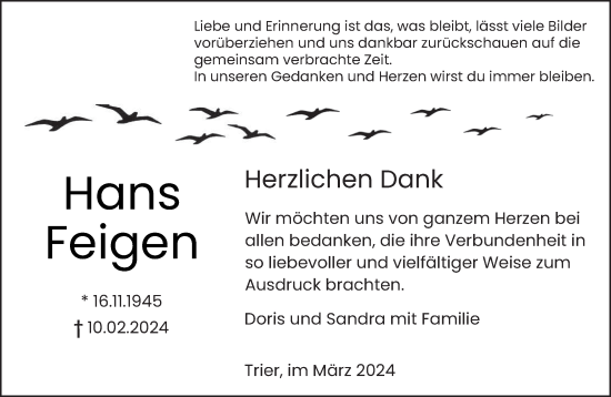 Traueranzeige von Hans Feigen von trierischer_volksfreund
