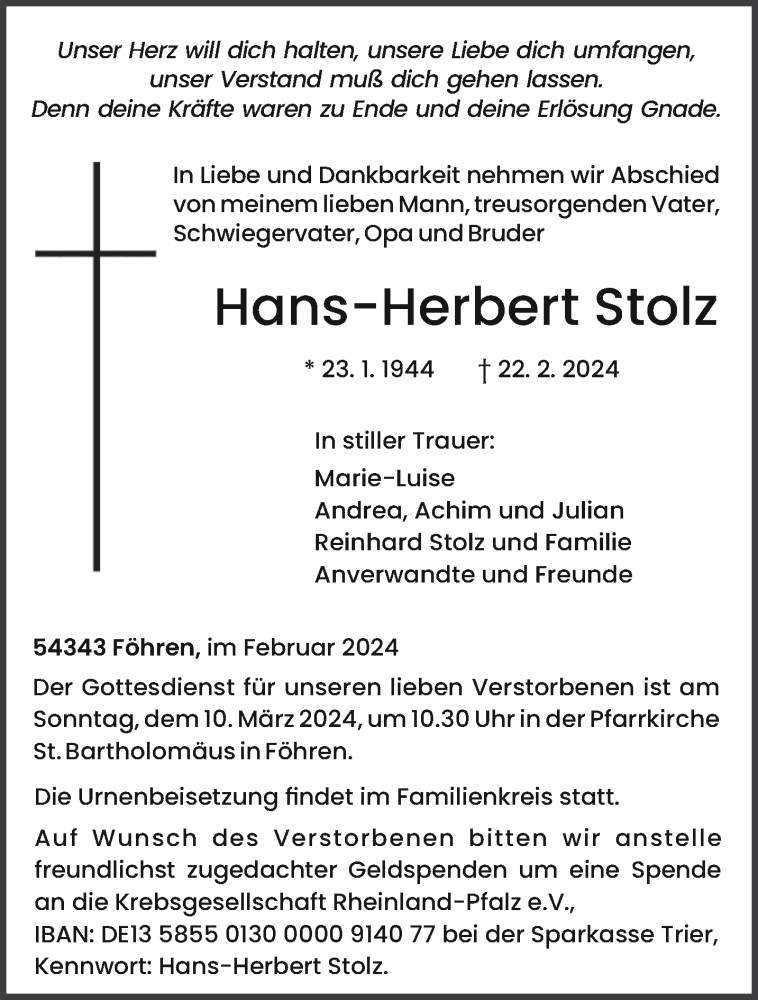 Traueranzeige für Hans-Herbert Stolz vom 02.03.2024 aus trierischer_volksfreund