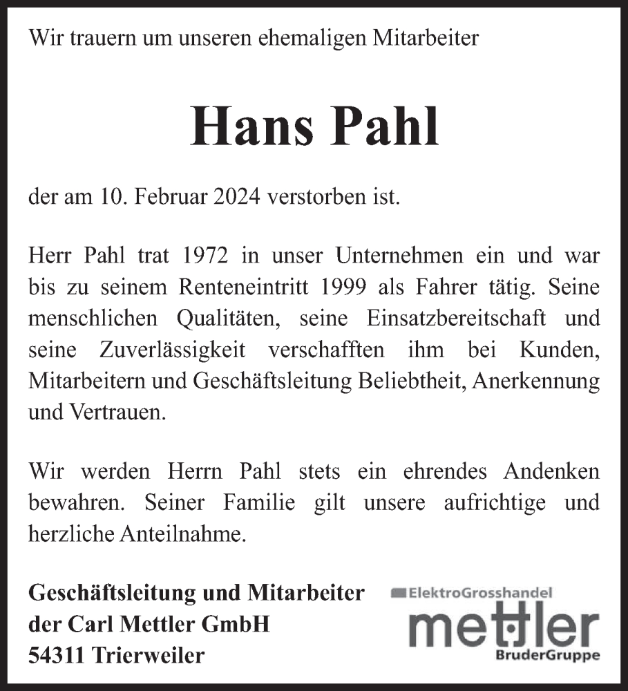  Traueranzeige für Hans Pahl vom 01.03.2024 aus trierischer_volksfreund