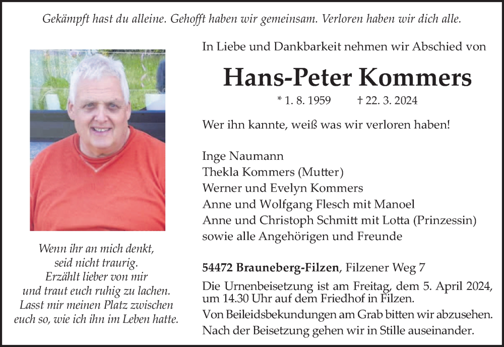  Traueranzeige für Hans-Peter Kommers vom 30.03.2024 aus trierischer_volksfreund