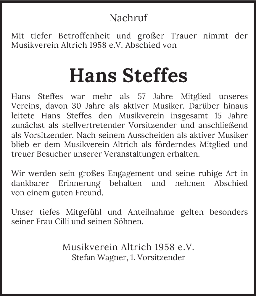  Traueranzeige für Hans Steffes vom 11.03.2024 aus trierischer_volksfreund