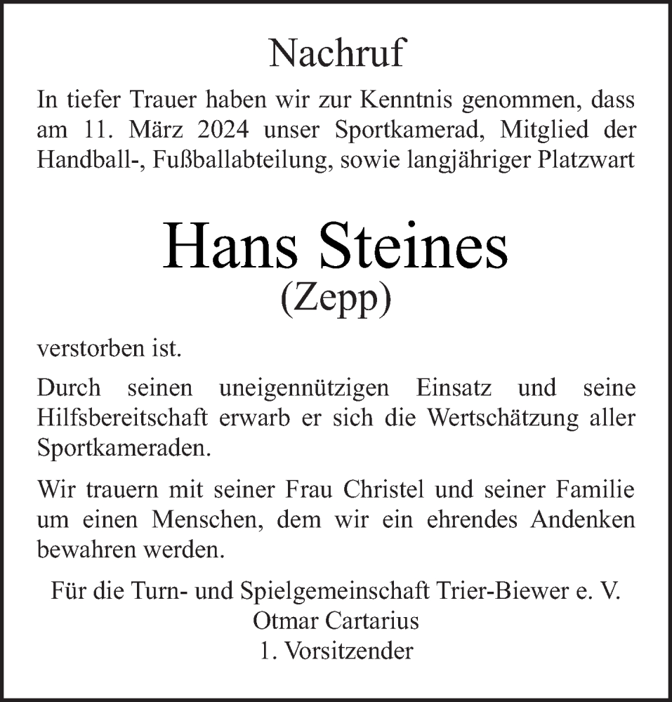  Traueranzeige für Hans Steines vom 23.03.2024 aus trierischer_volksfreund