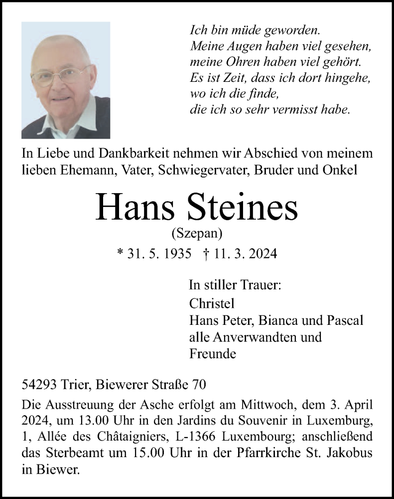  Traueranzeige für Hans Steines vom 23.03.2024 aus trierischer_volksfreund