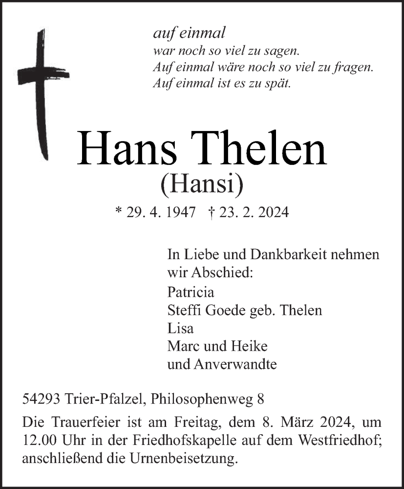  Traueranzeige für Hans Thelen vom 02.03.2024 aus trierischer_volksfreund