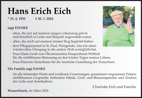 Traueranzeige von Hans Erich Eich von trierischer_volksfreund