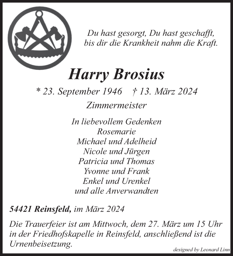  Traueranzeige für Harry Brosius vom 23.03.2024 aus trierischer_volksfreund
