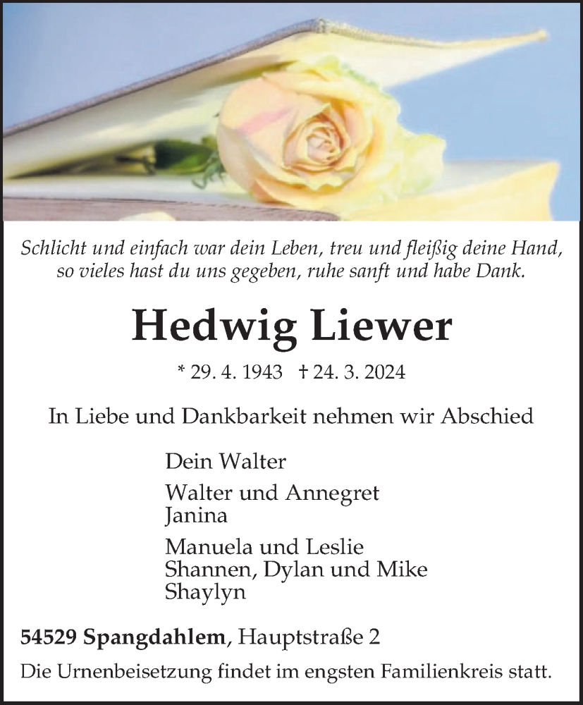  Traueranzeige für Hedwig Liewer vom 30.03.2024 aus trierischer_volksfreund