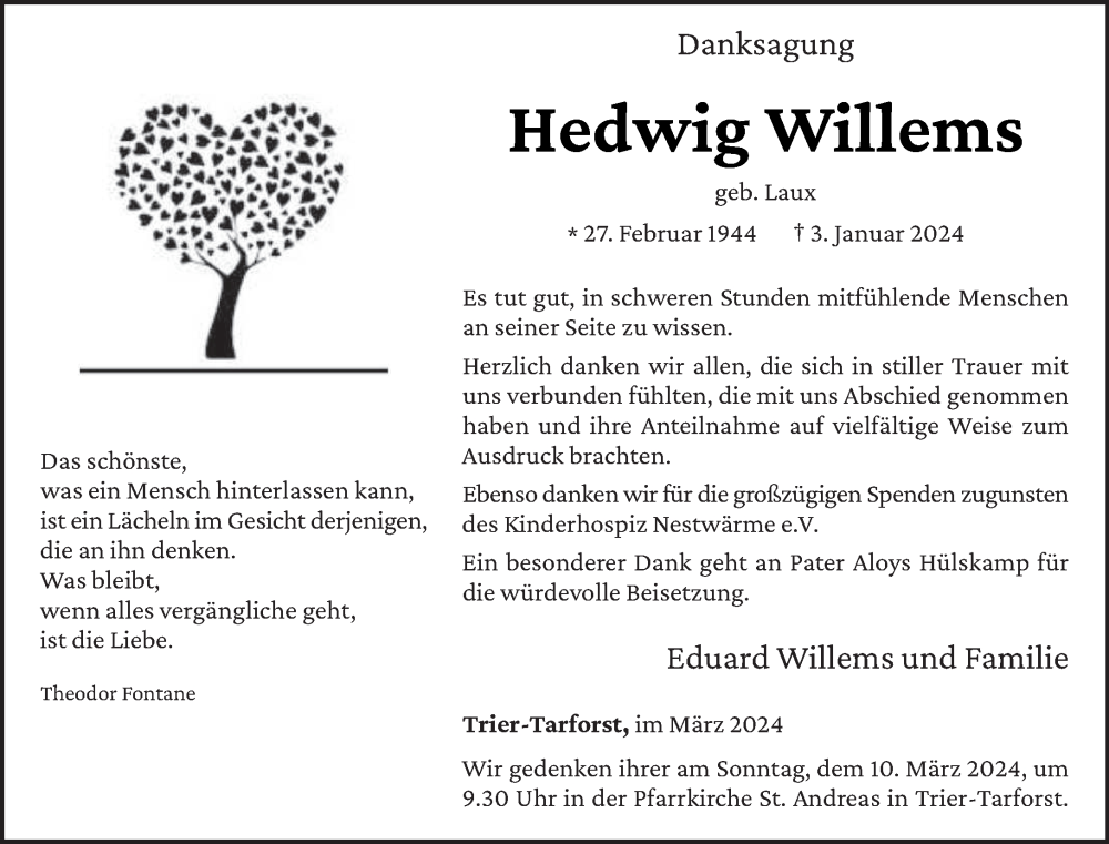  Traueranzeige für Hedwig Willems vom 06.03.2024 aus trierischer_volksfreund