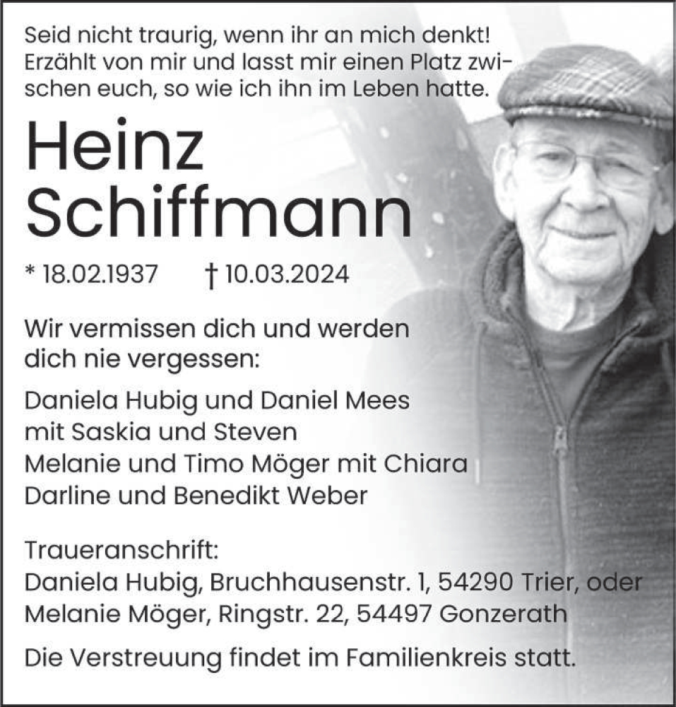 Traueranzeige für Heinz Schiffmann vom 16.03.2024 aus trierischer_volksfreund