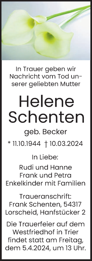  Traueranzeige für Helene Schenten vom 30.03.2024 aus trierischer_volksfreund