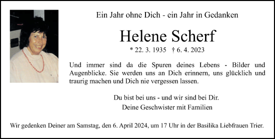 Traueranzeige von Helene Scherf von trierischer_volksfreund