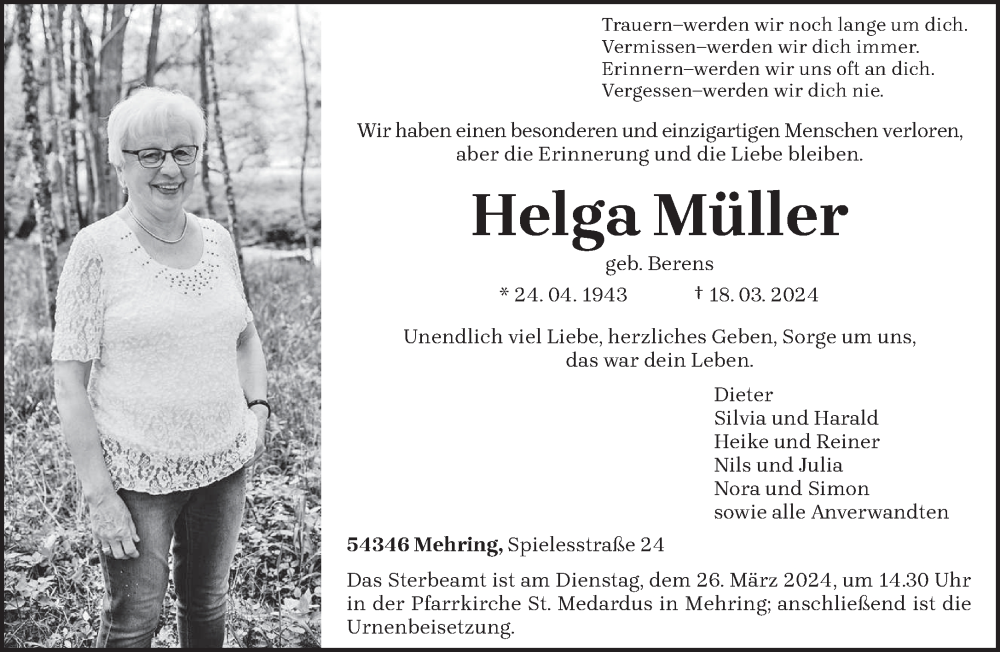  Traueranzeige für Helga Müller vom 23.03.2024 aus trierischer_volksfreund