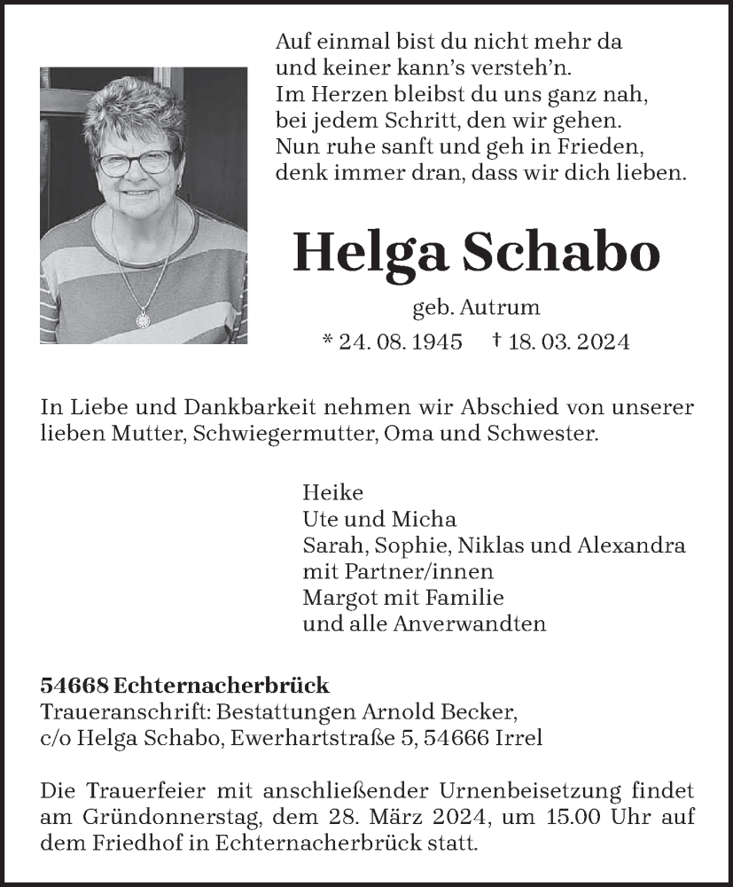  Traueranzeige für Helga Schabo vom 23.03.2024 aus trierischer_volksfreund