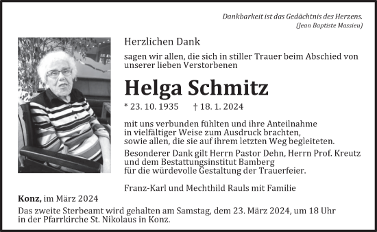 Traueranzeige von Helga Schmitz von trierischer_volksfreund
