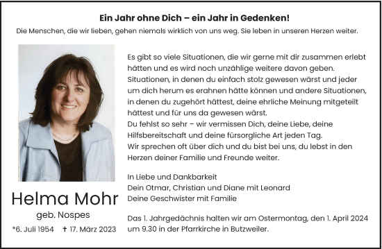 Traueranzeige von Helma Mohr von trierischer_volksfreund