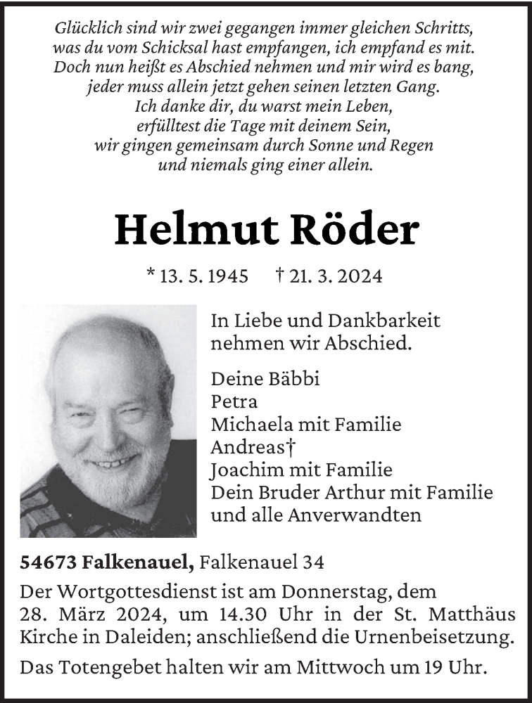  Traueranzeige für Helmut Röder vom 26.03.2024 aus trierischer_volksfreund
