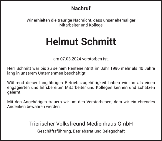 Traueranzeige von Helmut Schmitt von trierischer_volksfreund