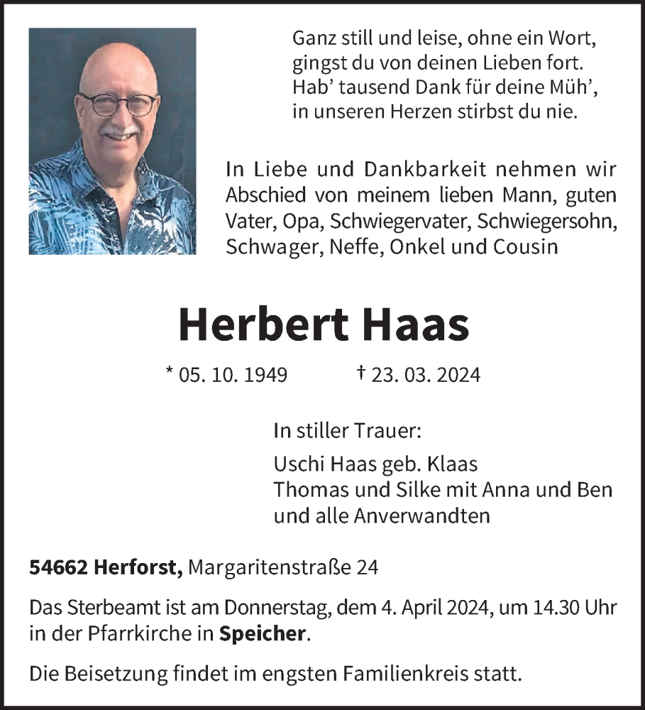  Traueranzeige für Herbert Haas vom 30.03.2024 aus trierischer_volksfreund