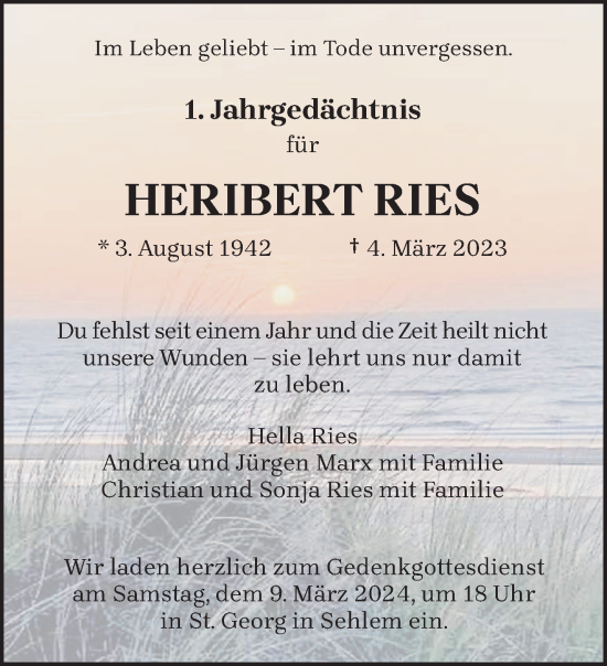 Traueranzeige von Heribert Ries von trierischer_volksfreund