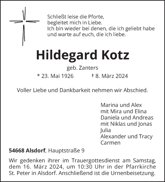 Traueranzeige von Hildegard Kotz von trierischer_volksfreund