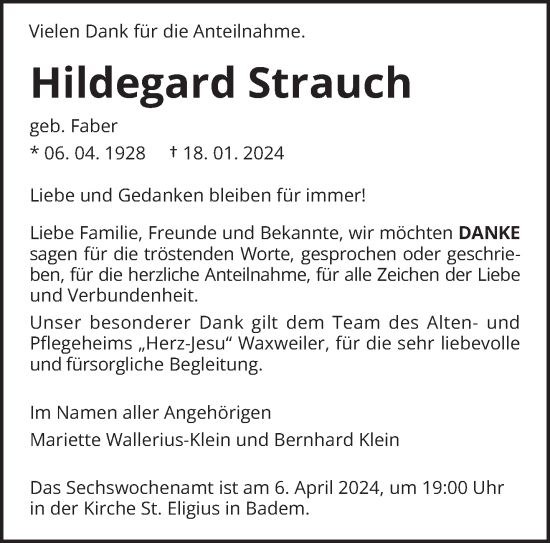 Traueranzeige von Hildegard Strauch von trierischer_volksfreund