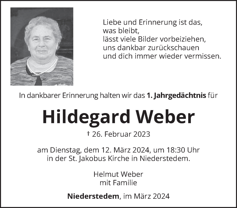  Traueranzeige für Hildegard Weber vom 09.03.2024 aus trierischer_volksfreund