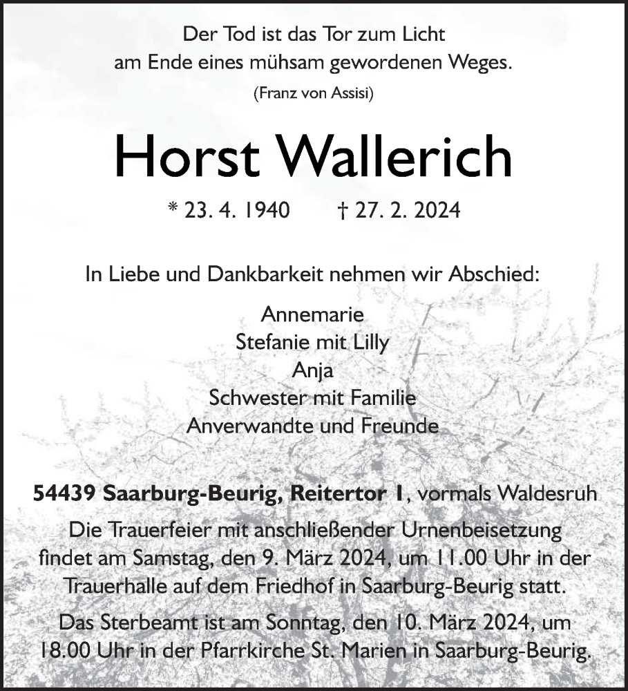  Traueranzeige für Horst Wallerich vom 04.03.2024 aus trierischer_volksfreund