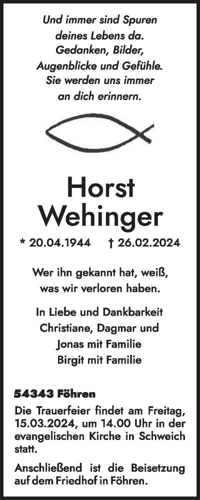  Traueranzeige für Horst Wehinger vom 09.03.2024 aus trierischer_volksfreund