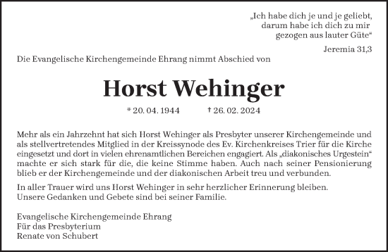 Traueranzeige von Horst Wehinger von trierischer_volksfreund