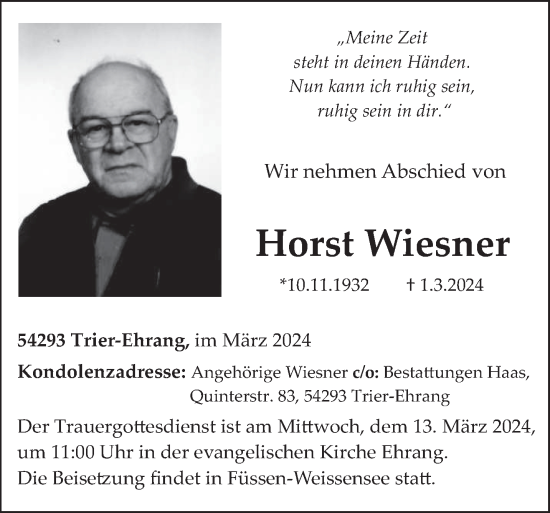 Traueranzeige von Horst Wiesner von trierischer_volksfreund