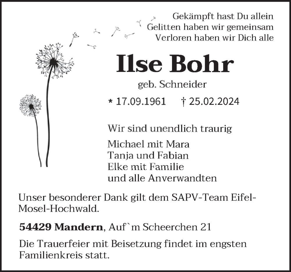  Traueranzeige für Ilse Bohr vom 04.03.2024 aus trierischer_volksfreund