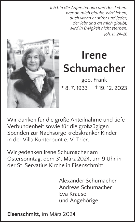 Traueranzeige von Irene Schumacher von trierischer_volksfreund