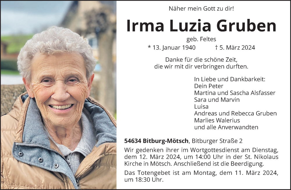  Traueranzeige für Irma Luzia Gruben vom 08.03.2024 aus trierischer_volksfreund