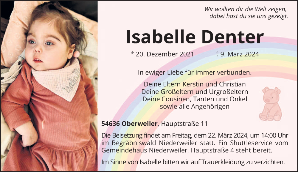  Traueranzeige für Isabelle Denter vom 16.03.2024 aus trierischer_volksfreund