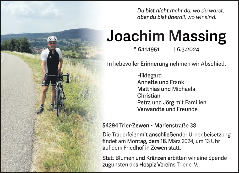  Traueranzeige für Joachim Massing vom 13.03.2024 aus trierischer_volksfreund