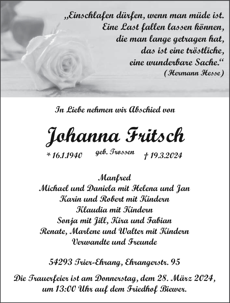  Traueranzeige für Johanna Fritsch vom 23.03.2024 aus trierischer_volksfreund