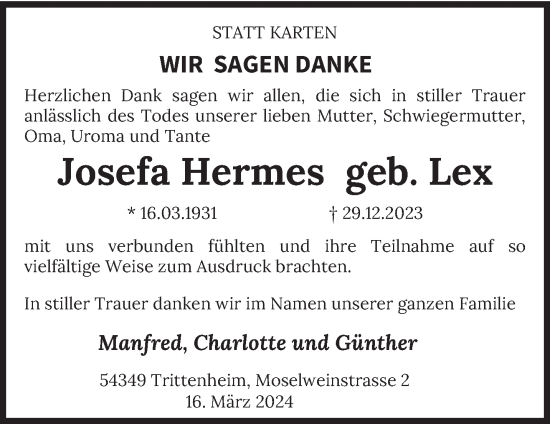 Traueranzeige von Josefa Hermes von trierischer_volksfreund