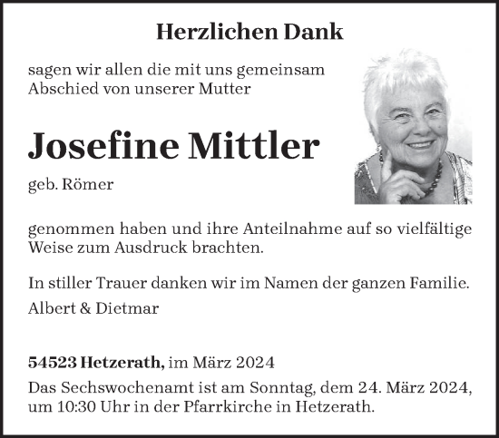 Traueranzeige von Josefine Mittler von trierischer_volksfreund