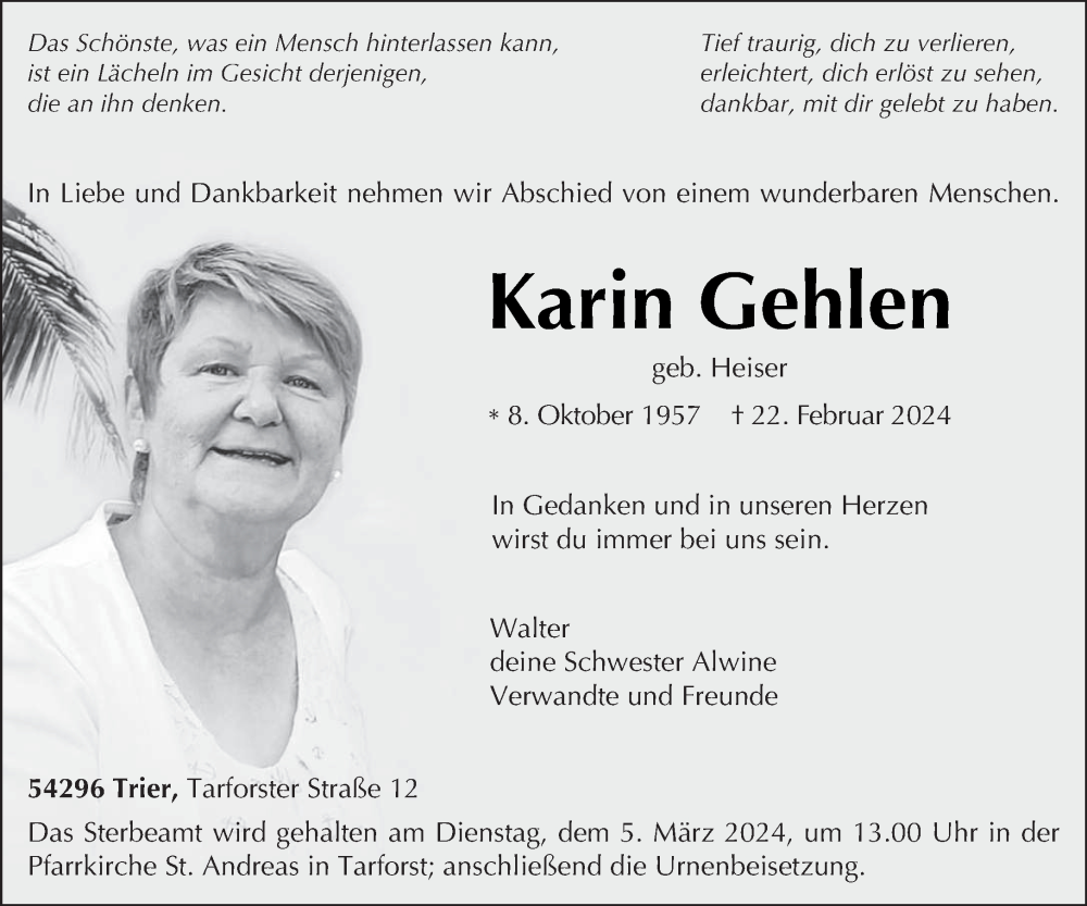  Traueranzeige für Karin Gehlen vom 02.03.2024 aus trierischer_volksfreund