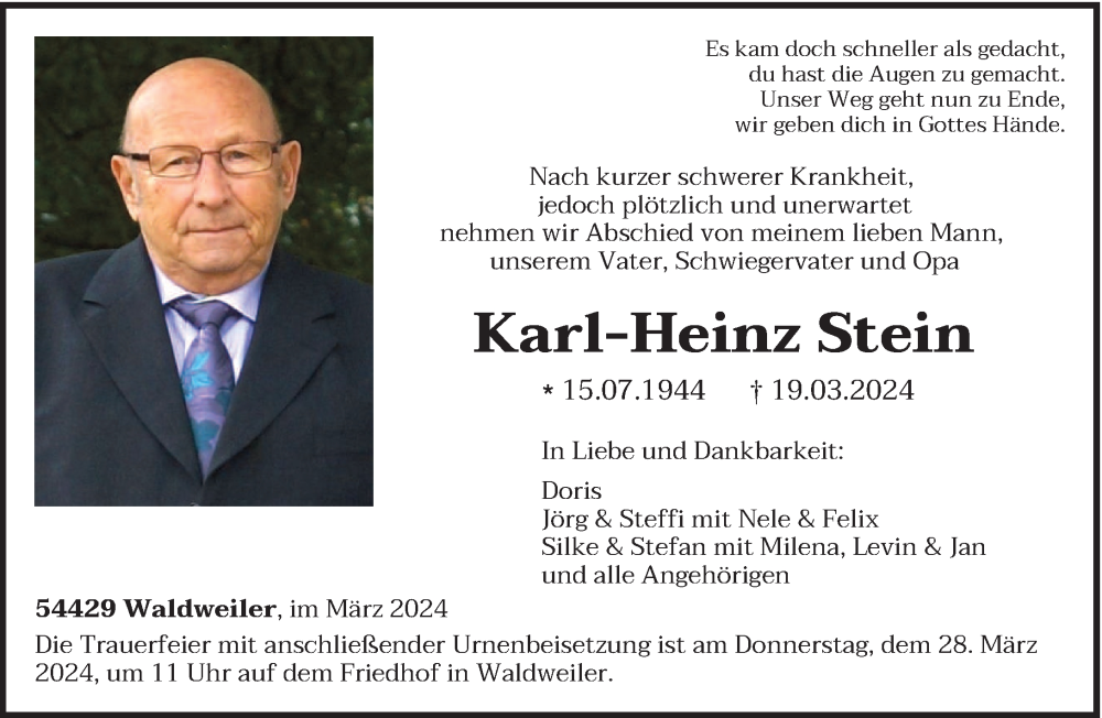  Traueranzeige für Karl-Heinz Stein vom 23.03.2024 aus trierischer_volksfreund