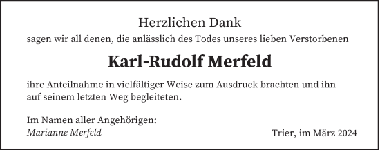 Traueranzeige von Karl-Rudolf Merfeld von trierischer_volksfreund