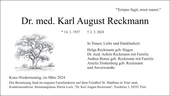Traueranzeige von Karl August Reckmann von trierischer_volksfreund