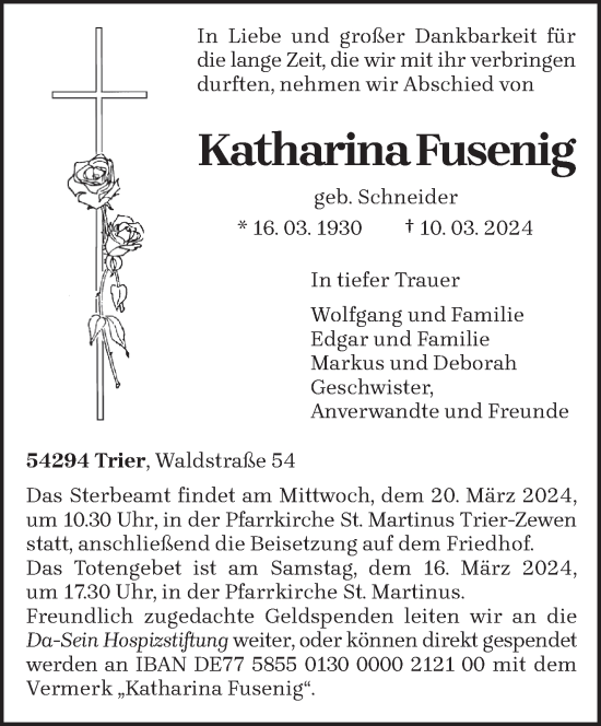 Traueranzeige von Katharina Fusenig von trierischer_volksfreund