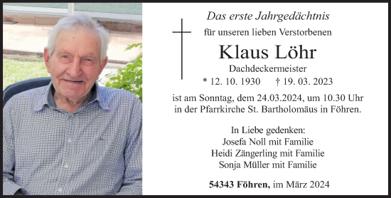 Traueranzeige von Klaus Löhr von trierischer_volksfreund