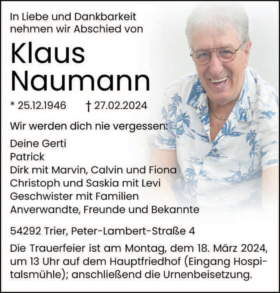  Traueranzeige für Klaus Naumann vom 09.03.2024 aus trierischer_volksfreund