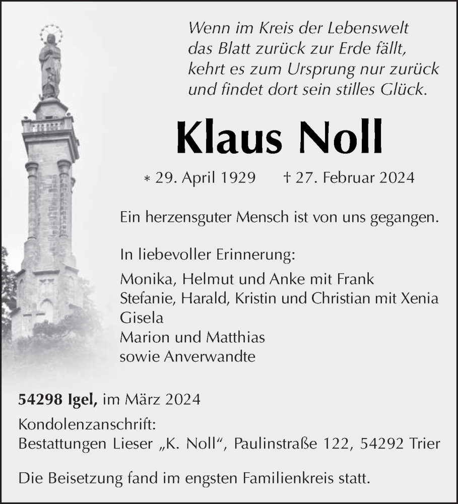 Traueranzeige für Klaus Noll vom 09.03.2024 aus trierischer_volksfreund