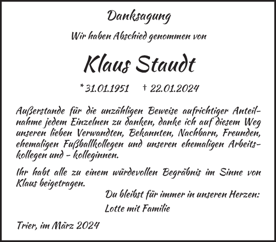 Traueranzeige von Klaus Staudt von trierischer_volksfreund
