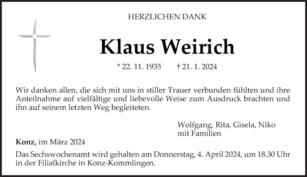  Traueranzeige für Klaus Weinich vom 30.03.2024 aus trierischer_volksfreund